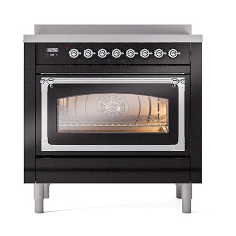 ILVE UNI366NMPBKC Nostalgie II Noblesse 36 inch Induction Range (Triple Glass Door, Glossy Black, Chrome)