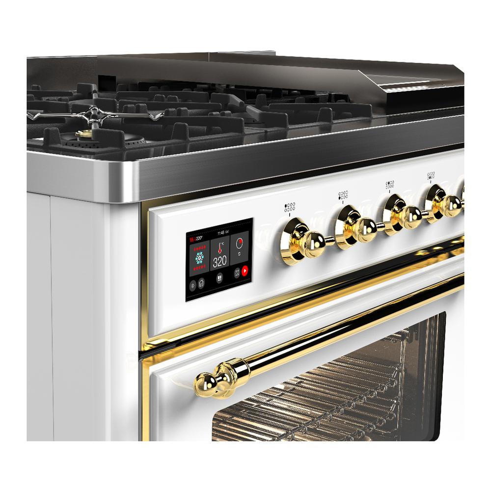 ILVE UM48FNR3WHG Majestic III 48 inch Dual Fuel Range with 8 Burners and Griddle, Dual Function Burner up to 25,000 BTU (Natural Gas, Triple Glass Door, White, Brass)