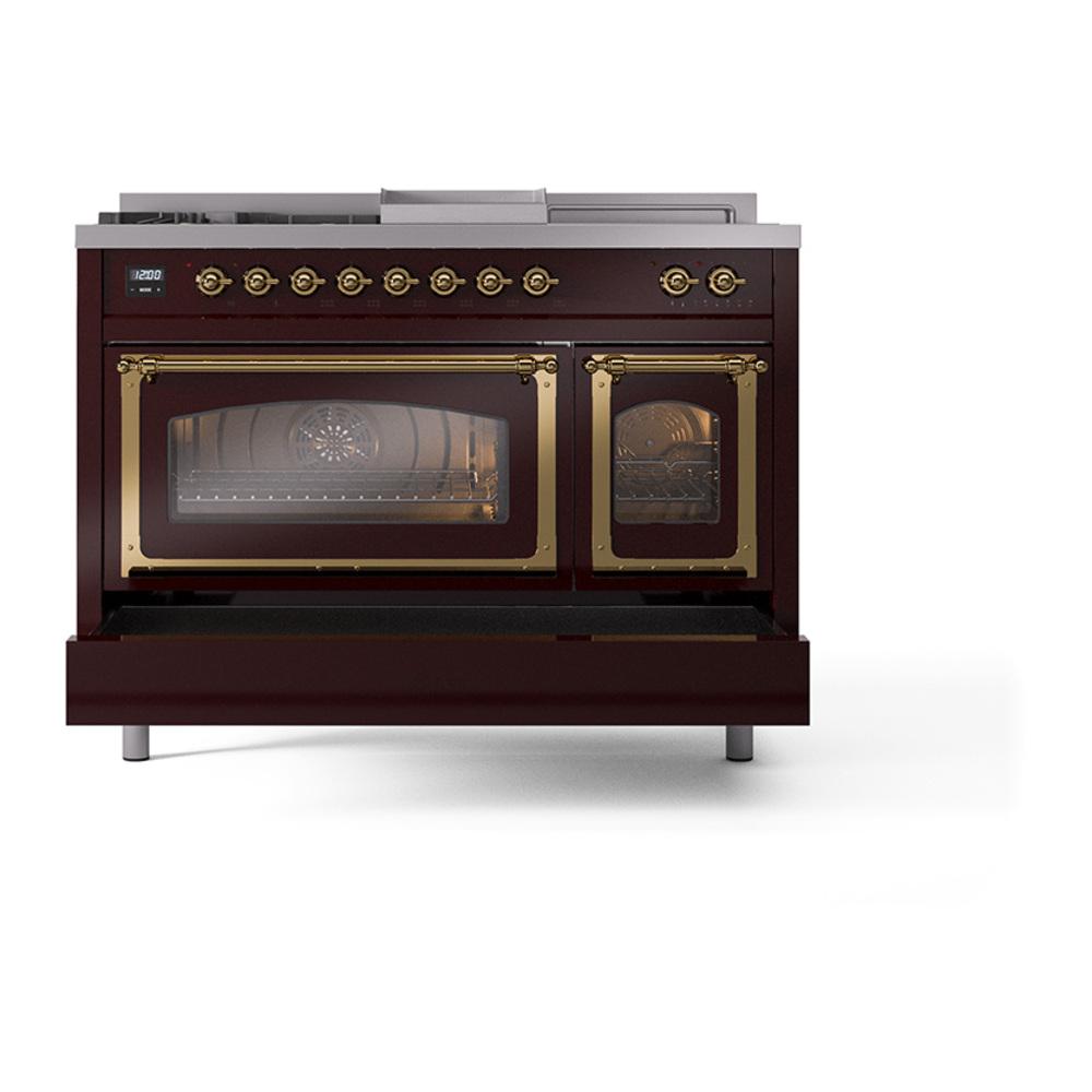 ILVE UN48FSNMPBUGLP Nostalgie II Noblesse 48 inch Dual Fuel Range (5 Sealed Burners + Griddle + French Top, Liquid Propane, Triple Glass Door, Burgundy, Brass)