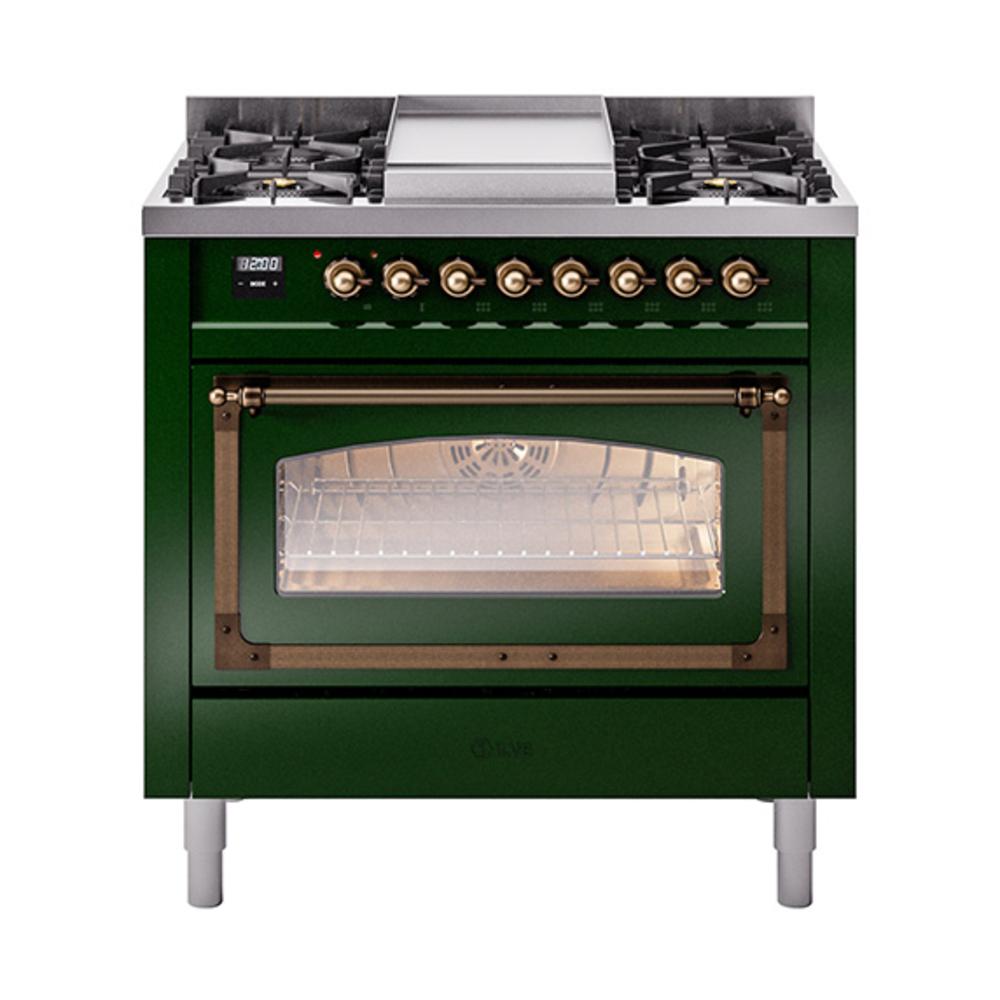 ILVE UN36FNMPEGB Nostalgie II Noblesse 36 inch Dual Fuel Range (Natural Gas, Triple Glass Door, Emerald Green, Burnished)