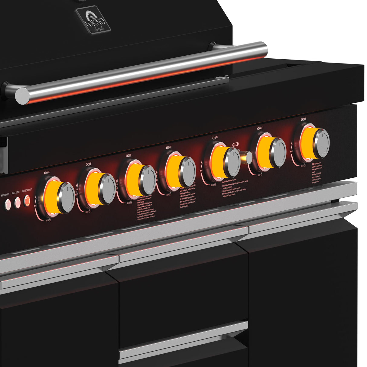 Forno All Aperto 87,600 BTU Outdoor Kitchen, 4 Burners, Infrared Burners, Side Burner, Black Sintered Stone Countertops, Gas Pizza Oven, Sink Module, Bar & Beverage Center