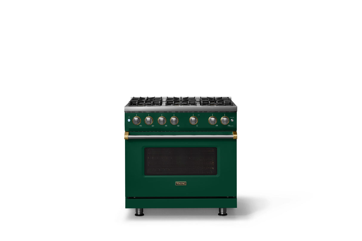 36"W. Sealed Burner Gas Range (Burner: 6b, Finish: Ivy, Trim: Brushed Brass, Fuel: Propane)