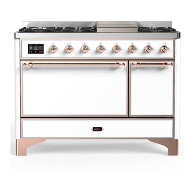 ILVE UM48FQNR3WHPLP Majestic III 48 inch Dual Fuel Range with 8 Burners and Griddle, Dual Function Burner up to 25,000 BTU (Liquid Propane, Solid Door, White, Copper)