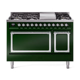 ILVE UN48FQNMPEGC Nostalgie II Noblesse 48 inch Dual Fuel Range (8 Sealed Burners + Griddle, Natural Gas, Solid Door, Emerald Green, Chrome)