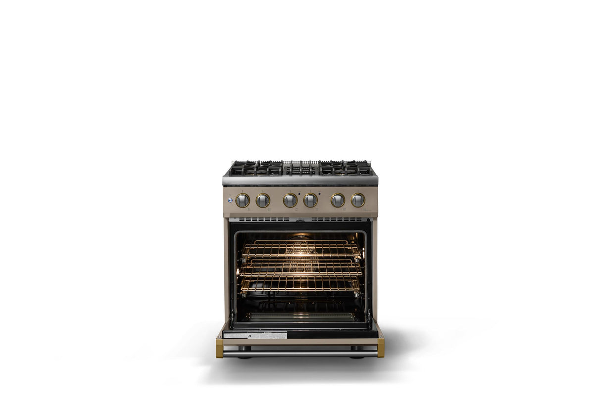 30"W. Dual Fuel Range (Finish: Nantucket, Trim: Brushed Brass, Fuel: Propane)