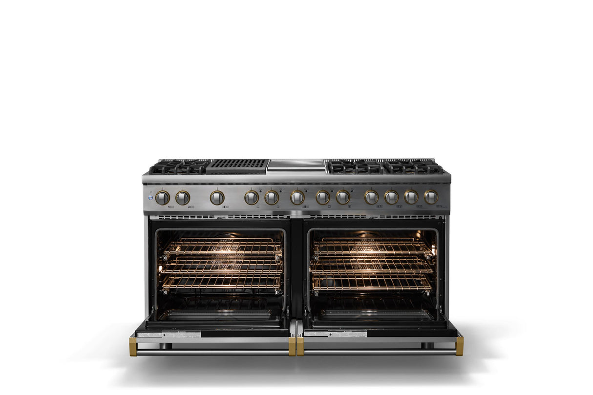 60"W.Dual Fuel Range (Finish: Stainless Steel, Trim: Brushed Brass, Fuel: Propane)