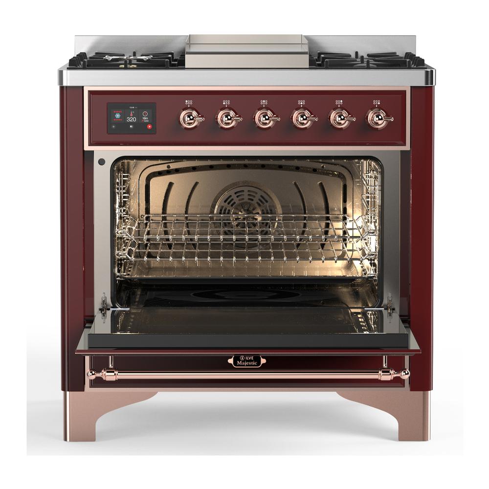 ILVE UM36FQNR3BUP Majestic III 36 inch Dual Fuel Range with 6 Black Brass Burners and Griddle, Dual Function Burner up to 25,000 BTU (Solid Door, Burgundy, Copper, Natural Gas)