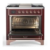 ILVE UM36FQNR3BUP Majestic III 36 inch Dual Fuel Range with 6 Black Brass Burners and Griddle, Dual Function Burner up to 25,000 BTU (Solid Door, Burgundy, Copper, Natural Gas)