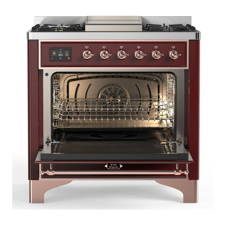 ILVE UM36FQNR3BUP Majestic III 36 inch Dual Fuel Range with 6 Black Brass Burners and Griddle, Dual Function Burner up to 25,000 BTU (Solid Door, Burgundy, Copper, Natural Gas)