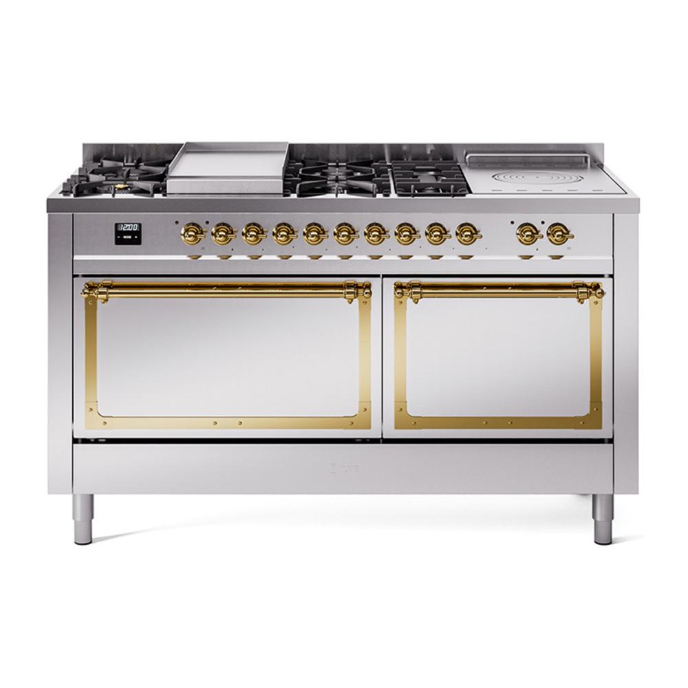 ILVE UN60FSQNMPSSGLP Nostalgie II Noblesse 60 inch Dual Fuel Range (7 Sealed Burners + Griddle + French Top, Liquid Propane, Solid Door, Stainless Steel, Brass)