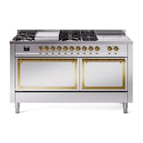 ILVE UN60FSQNMPSSGLP Nostalgie II Noblesse 60 inch Dual Fuel Range (7 Sealed Burners + Griddle + French Top, Liquid Propane, Solid Door, Stainless Steel, Brass)