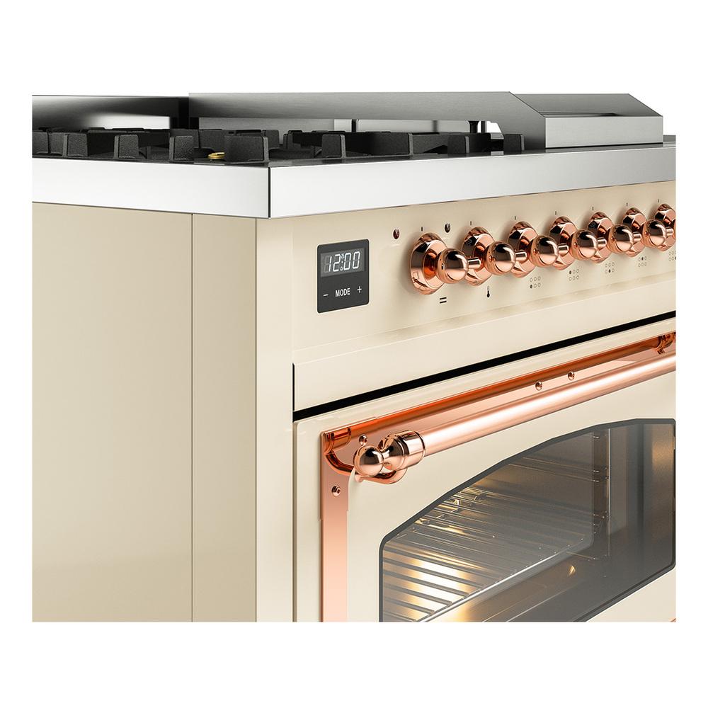 ILVE UN48FSNMPAWP Nostalgie II Noblesse 48 inch Dual Fuel Range (5 Sealed Burners + Griddle + French Top, Natural Gas, Triple Glass Door, Antique White, Copper)
