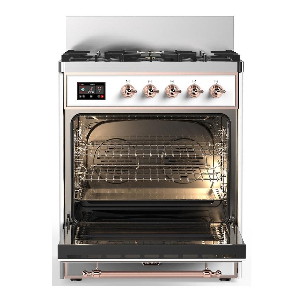 ILVE UM30QNR3WHP Majestic III 30 inch Dual Fuel Range with 5 Black Brass Burners, Dual Function Burner up to 25,000 BTU (Natural Gas, Solid Door, White, Copper)
