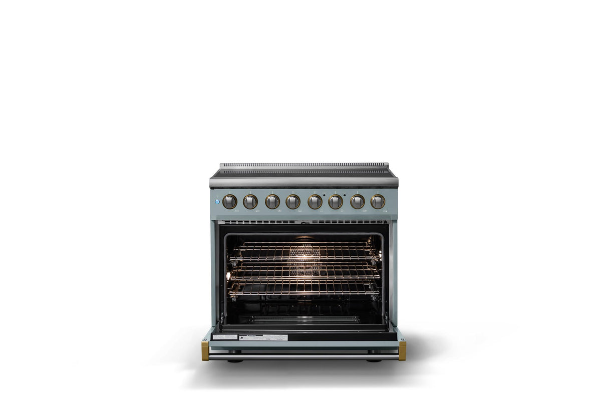36"W. Induction Range (Finish: November Sky, Trim: Brushed Brass)