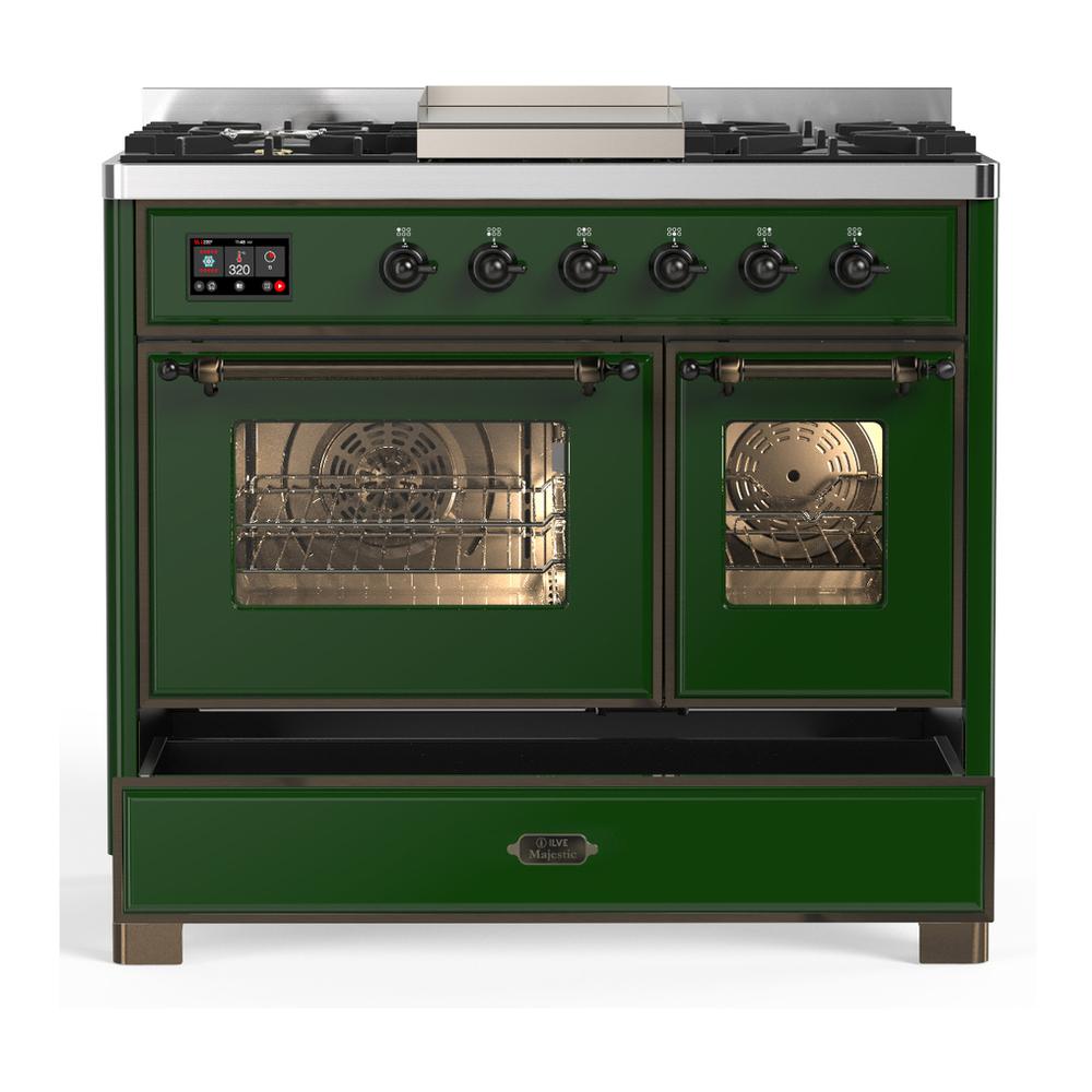 ILVE UMD40FNR3EGBLP Majestic III 40 inch Dual Fuel Range with 6 Burners and Griddle, Dual Function Burner up to 25,000 BTU (Liquid Propane, Triple Glass Door, Emerald Green, Burnished)