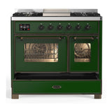ILVE UMD40FNR3EGBLP Majestic III 40 inch Dual Fuel Range with 6 Burners and Griddle, Dual Function Burner up to 25,000 BTU (Liquid Propane, Triple Glass Door, Emerald Green, Burnished)