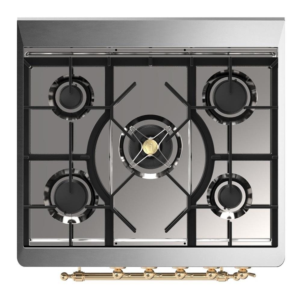 ILVE UM30QNR3MGGLP Majestic III 30 inch Dual Fuel Range with 5 Black Brass Burners, Dual Function Burner up to 25,000 BTU (Liquid Propane, Solid Door, Graphite Matte, Brass)