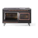 ILVE UN60FNMPMGPLP Nostalgie II Noblesse 60 inch Dual Fuel Range (9 Sealed Burners + Griddle, Liquid Propane, Triple Glass Door, Graphite Matte, Copper)