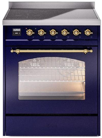 Nostalgie II 30 Inch Electric Freestanding Range in Blue with Brass Trim