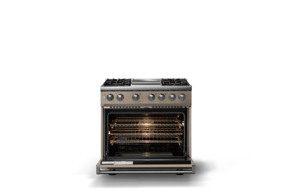 36"W. Dual Fuel Range (Burner: 4g, Finish: Nantucket, Trim: Polished Chrome, Fuel: Natural Gas)