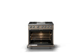 36"W. Dual Fuel Range (Burner: 4g, Finish: Nantucket, Trim: Polished Chrome, Fuel: Natural Gas)