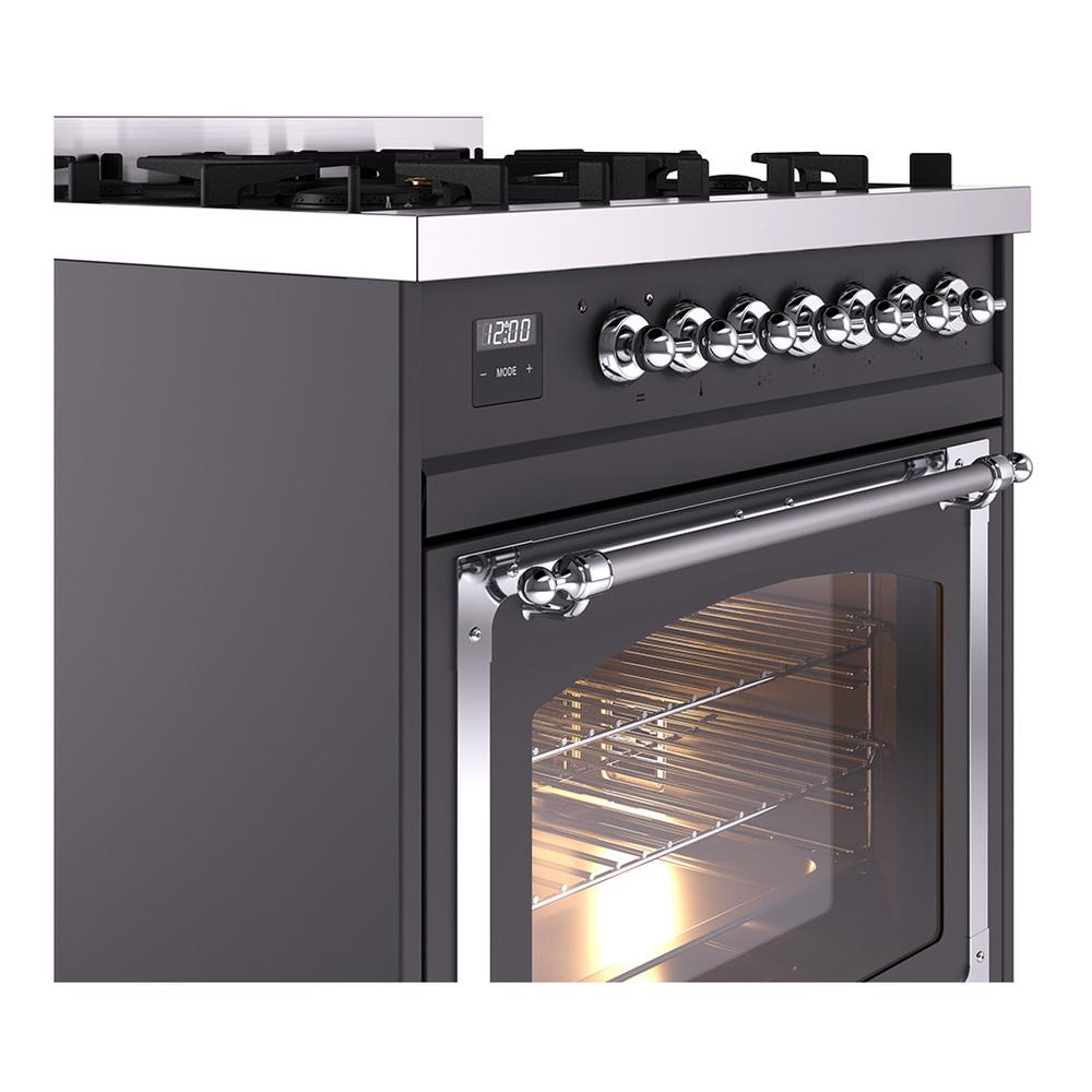 ILVE UN30NMPMGC Nostalgie II Noblesse 30 inch Dual Fuel Range (Natural Gas, Triple Glass Door, Graphite Matte, Chrome)