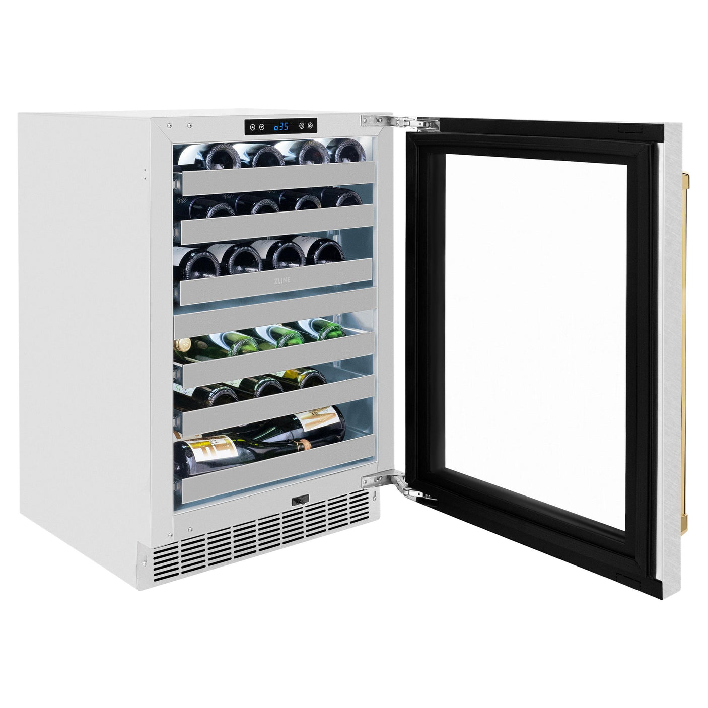 ZLINE Autograph Edition 24 in. Touchstone Dual Zone 44 Bottle Wine Cooler With DuraSnow' Stainless Steel Glass Door And Polished Gold Handle (RWDOZ-SN-24-G)