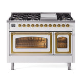ILVE UN48FNMPWHGLP Nostalgie II Noblesse 48 inch Dual Fuel Range (8 Sealed Burners + Griddle, Liquid Propane, Triple Glass Door, White, Brass)