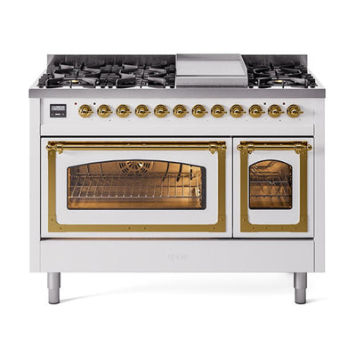 ILVE UN48FNMPWHGLP Nostalgie II Noblesse 48 inch Dual Fuel Range (8 Sealed Burners + Griddle, Liquid Propane, Triple Glass Door, White, Brass)