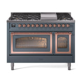 ILVE UN48FNMPBGP Nostalgie II Noblesse 48 inch Dual Fuel Range (8 Sealed Burners + Griddle, Natural Gas, Triple Glass Door, Blue Grey, Copper)