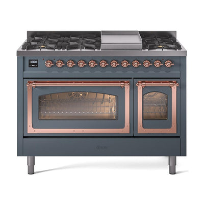ILVE UN48FNMPBGP Nostalgie II Noblesse 48 inch Dual Fuel Range (8 Sealed Burners + Griddle, Natural Gas, Triple Glass Door, Blue Grey, Copper)