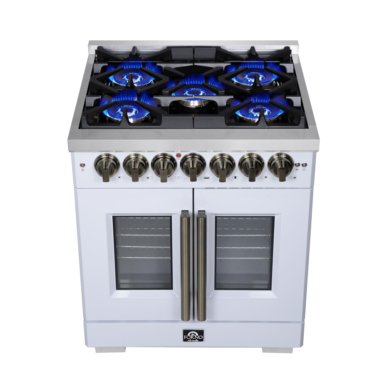 Forno Capriasca 30 Inch Freestanding French Door Dual Fuel Range in White with Antique Brass Accessories, 5 Burners, True Convection Oven