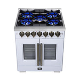 Forno Capriasca 30 Inch Freestanding French Door Dual Fuel Range in White with Antique Brass Accessories, 5 Burners, True Convection Oven
