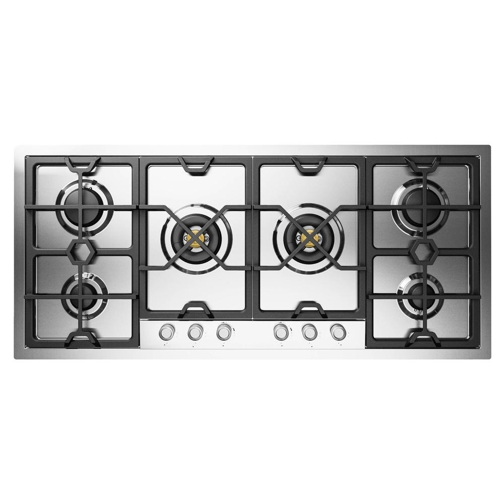 ILVE UHCPMT125SSLP Panoramagic 48 inch Built-In Gas Cooktop with Total Black Brass Burners, in Stainless Steel (6 Sealed Burners, Liquid Propane)
