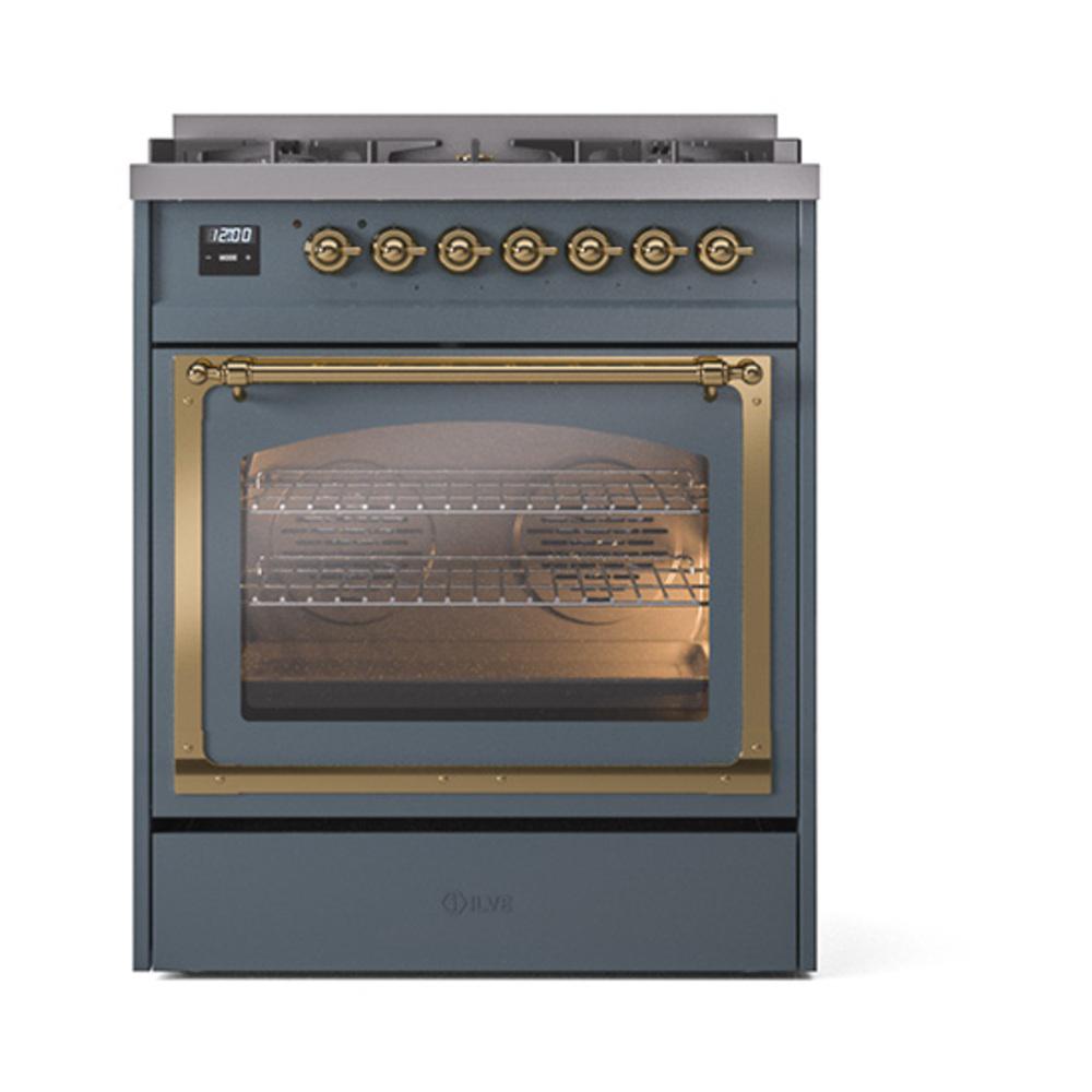 ILVE UN30NMPBGGLP Nostalgie II Noblesse 30 inch Dual Fuel Range (Liquid Propane, Triple Glass Door, Blue Grey, Brass)