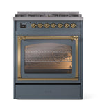 ILVE UN30NMPBGGLP Nostalgie II Noblesse 30 inch Dual Fuel Range (Liquid Propane, Triple Glass Door, Blue Grey, Brass)