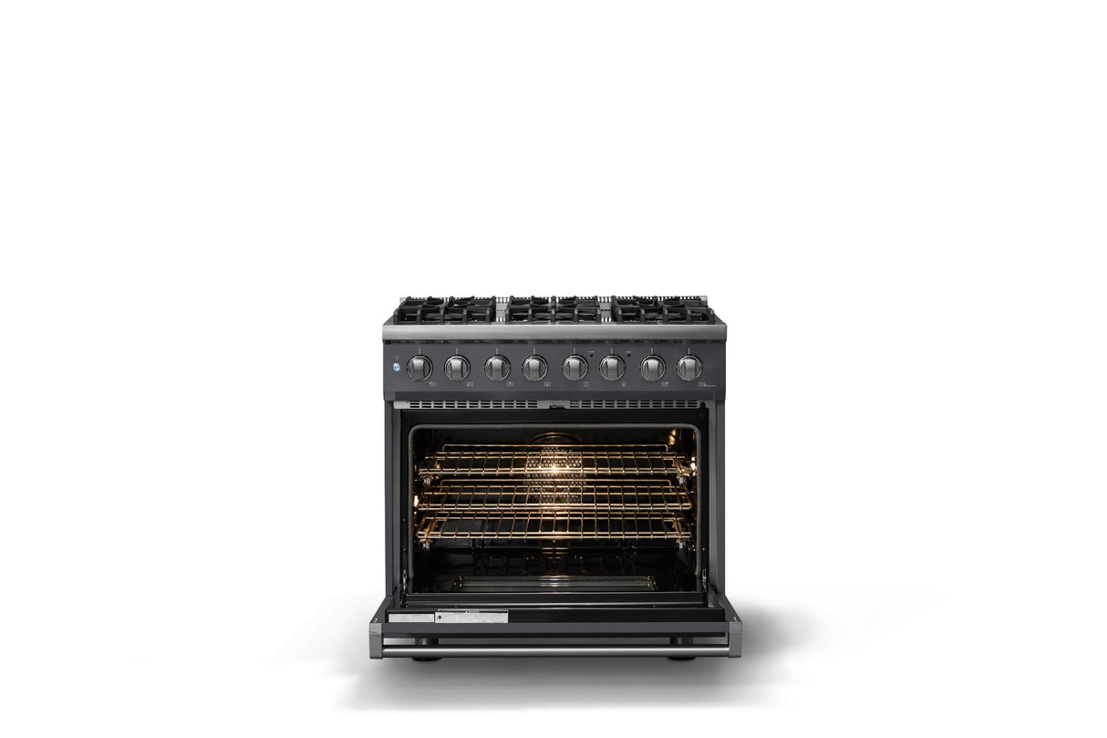 36"W. Dual Fuel Range (Burner: 6b, Finish: Cast Black, Trim: Polished Chrome, Fuel: Natural Gas)