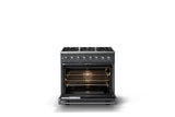 36"W. Dual Fuel Range (Burner: 6b, Finish: Cast Black, Trim: Polished Chrome, Fuel: Natural Gas)