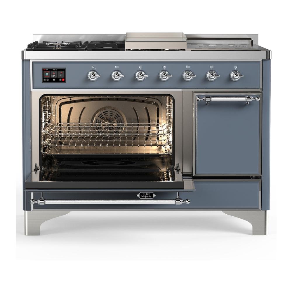 ILVE UM48FSQNR3BGC Majestic III 48 inch Dual Fuel Range with 5 Black Brass Burners, Griddle and French Top, Dual Function Burner up to 25,000 BTU (Natural Gas, Solid Door, Blue Grey, Chrome)