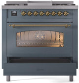 Nostalgie II 36 Inch Dual Fuel Natural Gas Freestanding Range in Blue Grey with Brass Trim