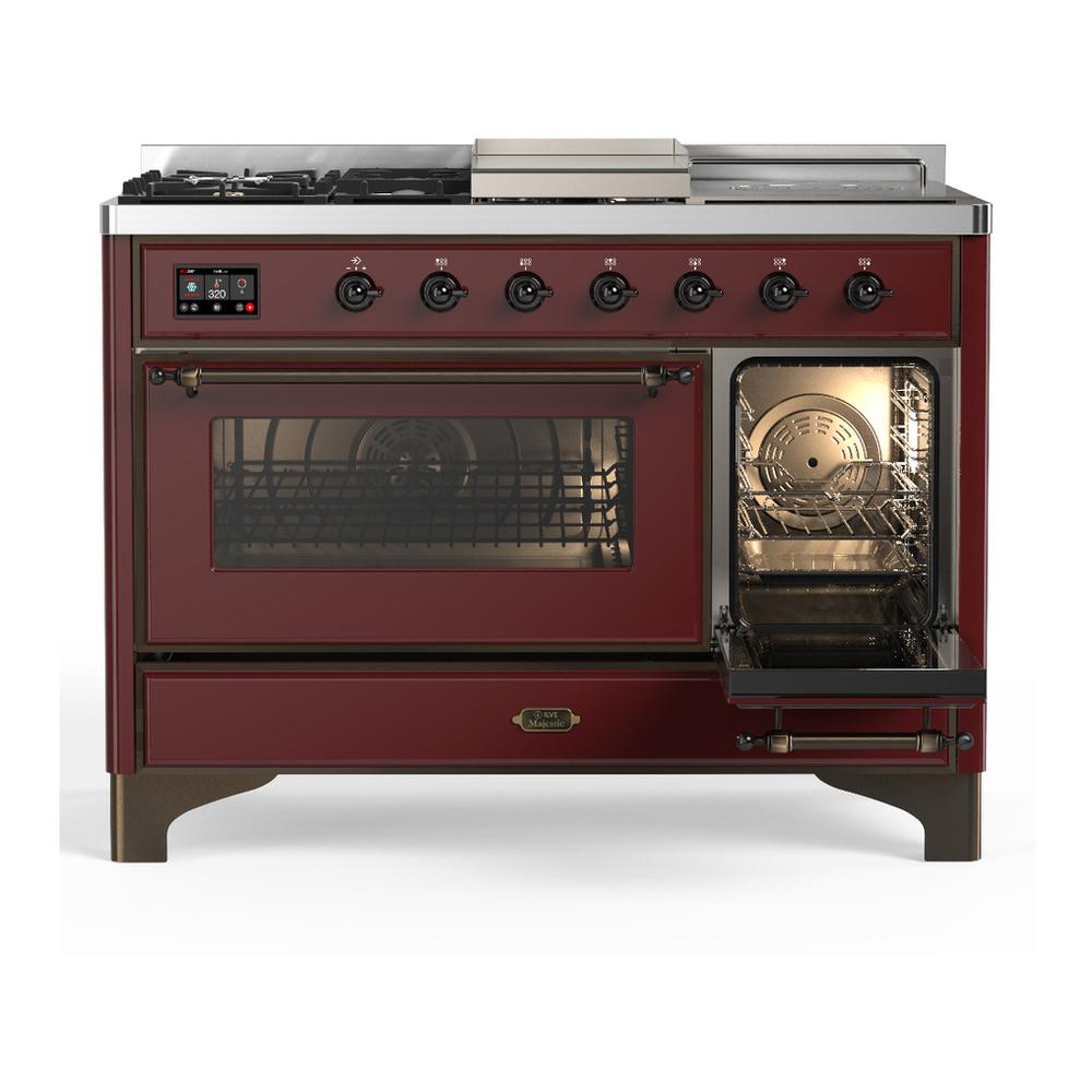 ILVE UM48FSNR3BUB Majestic III 48 inch Dual Fuel Range with 5 Black Brass Burners, Griddle and French Top, Dual Function Burner up to 25,000 BTU (Natural Gas, Triple Glass Door, Burgundy, Burnished)