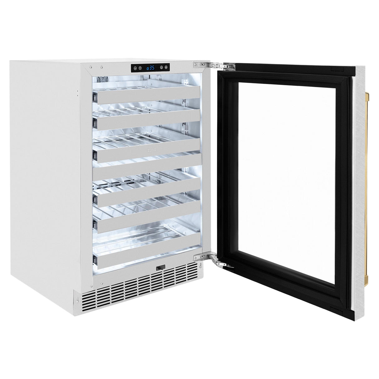 ZLINE Autograph Edition 24 in. Touchstone Dual Zone 44 Bottle Wine Cooler With DuraSnow' Stainless Steel Glass Door And Polished Gold Handle (RWDOZ-SN-24-G)