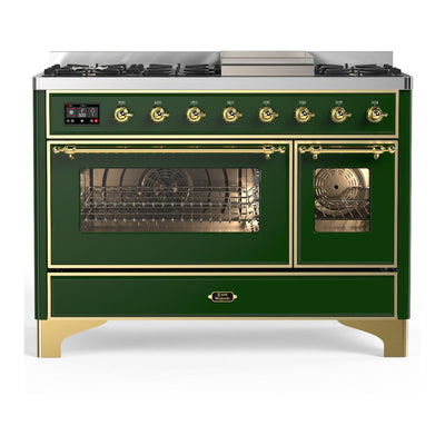 ILVE UM48FNR3EGG Majestic III 48 inch Dual Fuel Range with 8 Burners and Griddle, Dual Function Burner up to 25,000 BTU (Natural Gas, Triple Glass Door, Emerald Green, Brass)