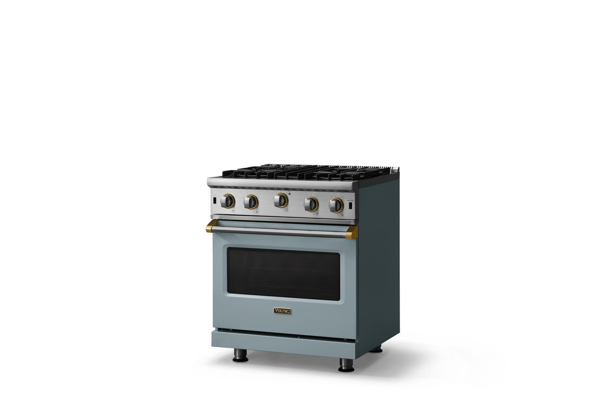 30"W. Open Burner Gas Range (Finish: November Sky, Trim: Brushed Brass, Fuel: Natural Gas)
