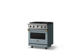 30"W. Open Burner Gas Range (Finish: November Sky, Trim: Brushed Brass, Fuel: Natural Gas)