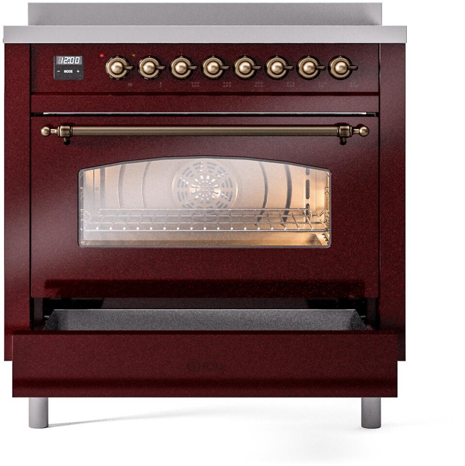 Nostalgie II 36 Inch Electric Freestanding Range in Burgundy with Bronze Trim