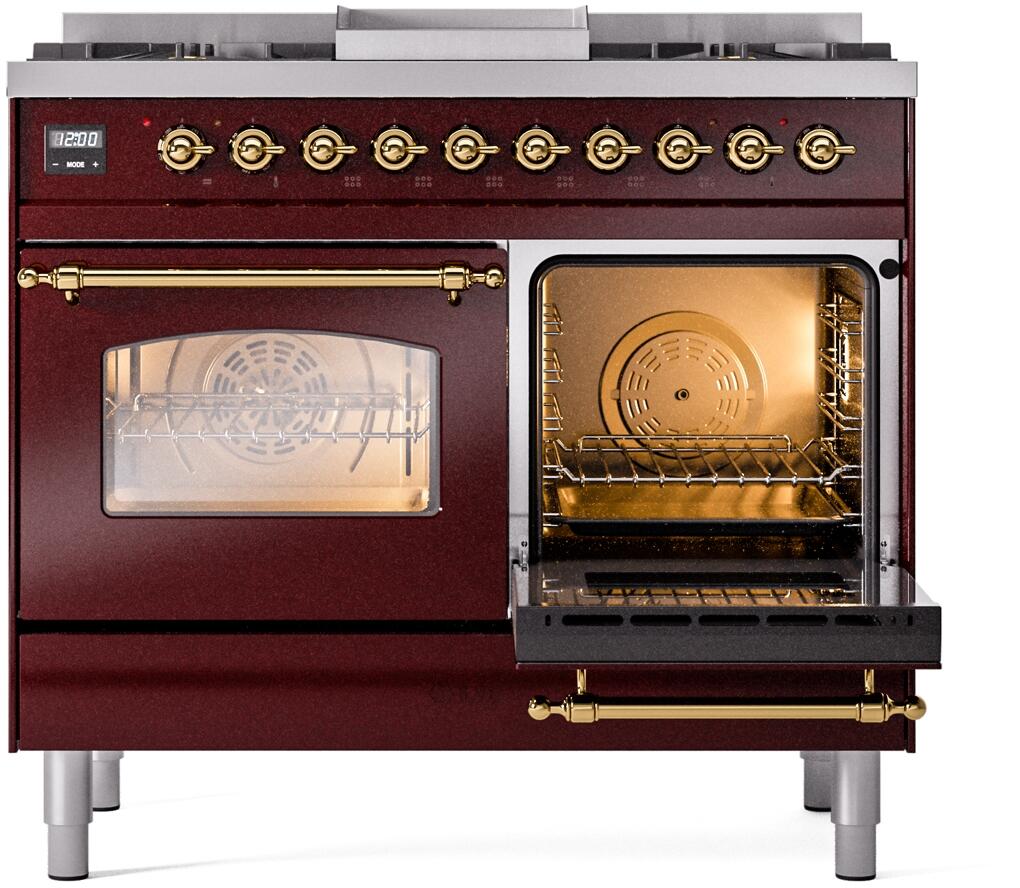 Nostalgie II 40 Inch Dual Fuel Natural Gas Freestanding Range in Burgundy with Brass Trim