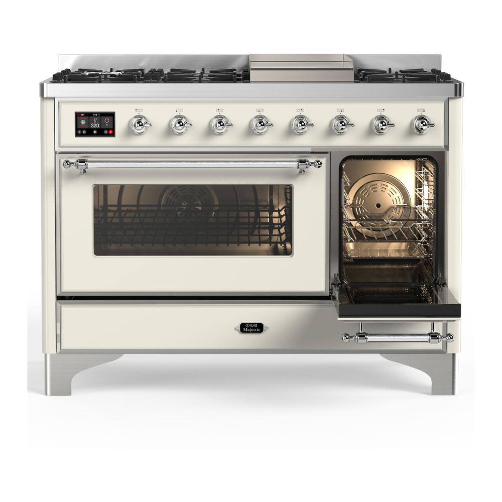 ILVE UM48FNR3AWC Majestic III 48 inch Dual Fuel Range with 8 Burners and Griddle, Dual Function Burner up to 25,000 BTU (Natural Gas, Triple Glass Door, Antique White, Chrome)