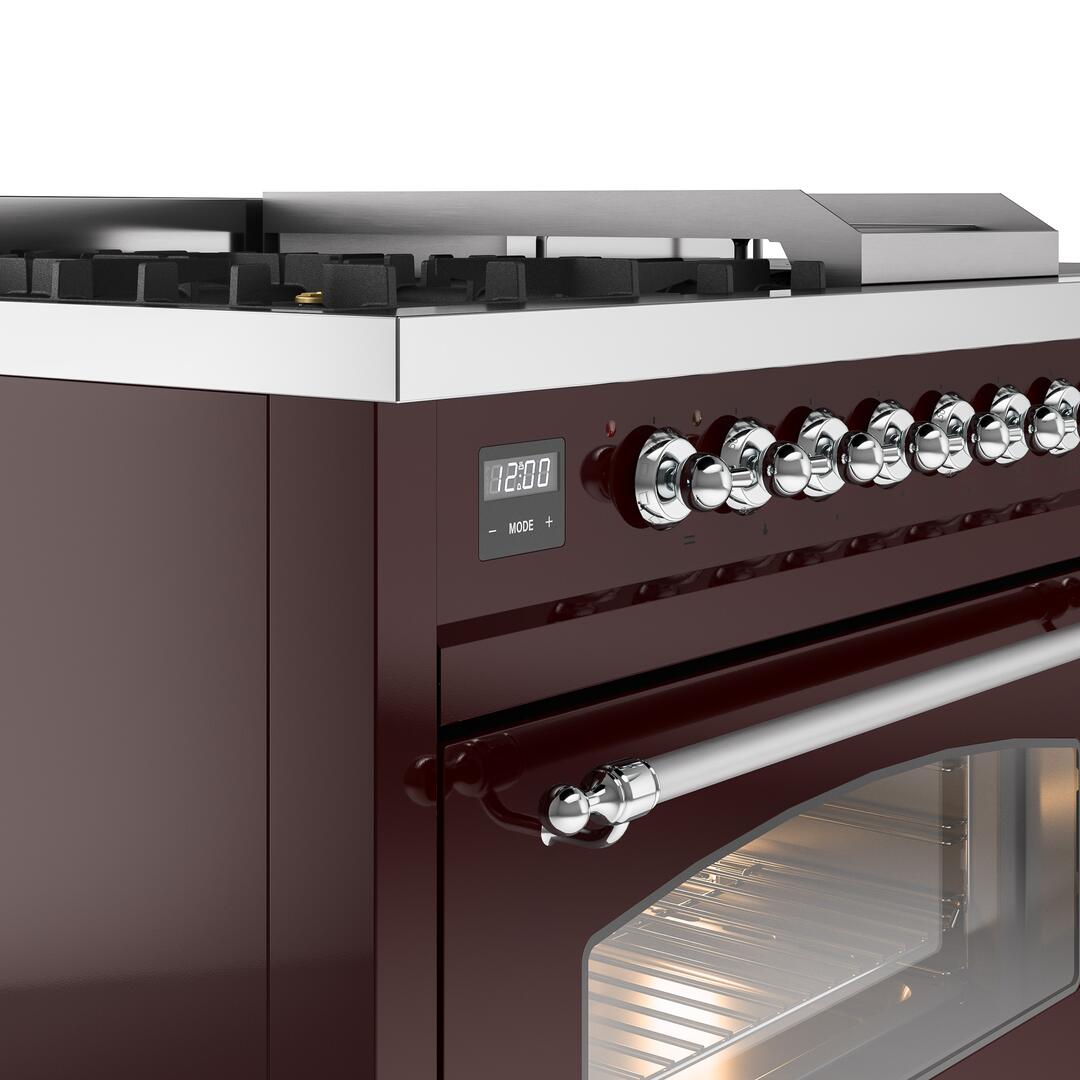 Nostalgie II 48 Inch Dual Fuel Liquid Propane Freestanding Range in Burgundy with Chrome Trim