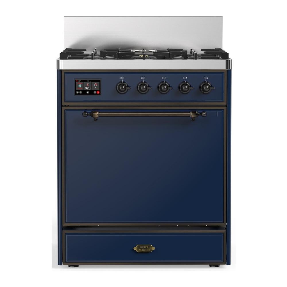ILVE UM30QNR3MBBLP Majestic III 30 inch Dual Fuel Range with 5 Black Brass Burners, Dual Function Burner up to 25,000 BTU (Liquid Propane, Solid Door, Midnight Blue, Burnished)